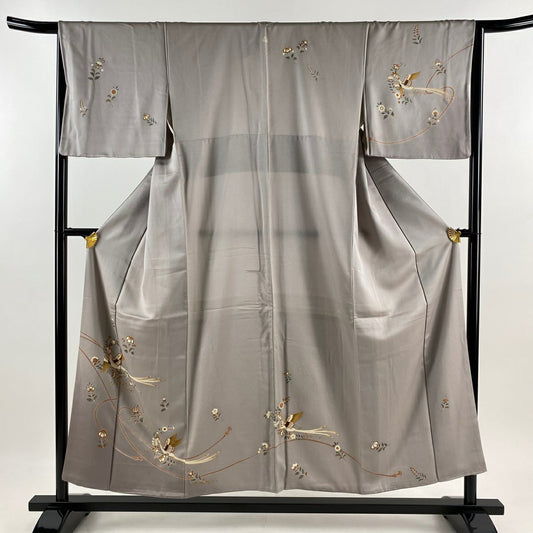 【庫存清倉】訪問服 身長153cm 袖長65cm M 雙層 尾長鳥 草花紋 金彩裝飾 灰紫 純蠶絲 優品級 一個紋