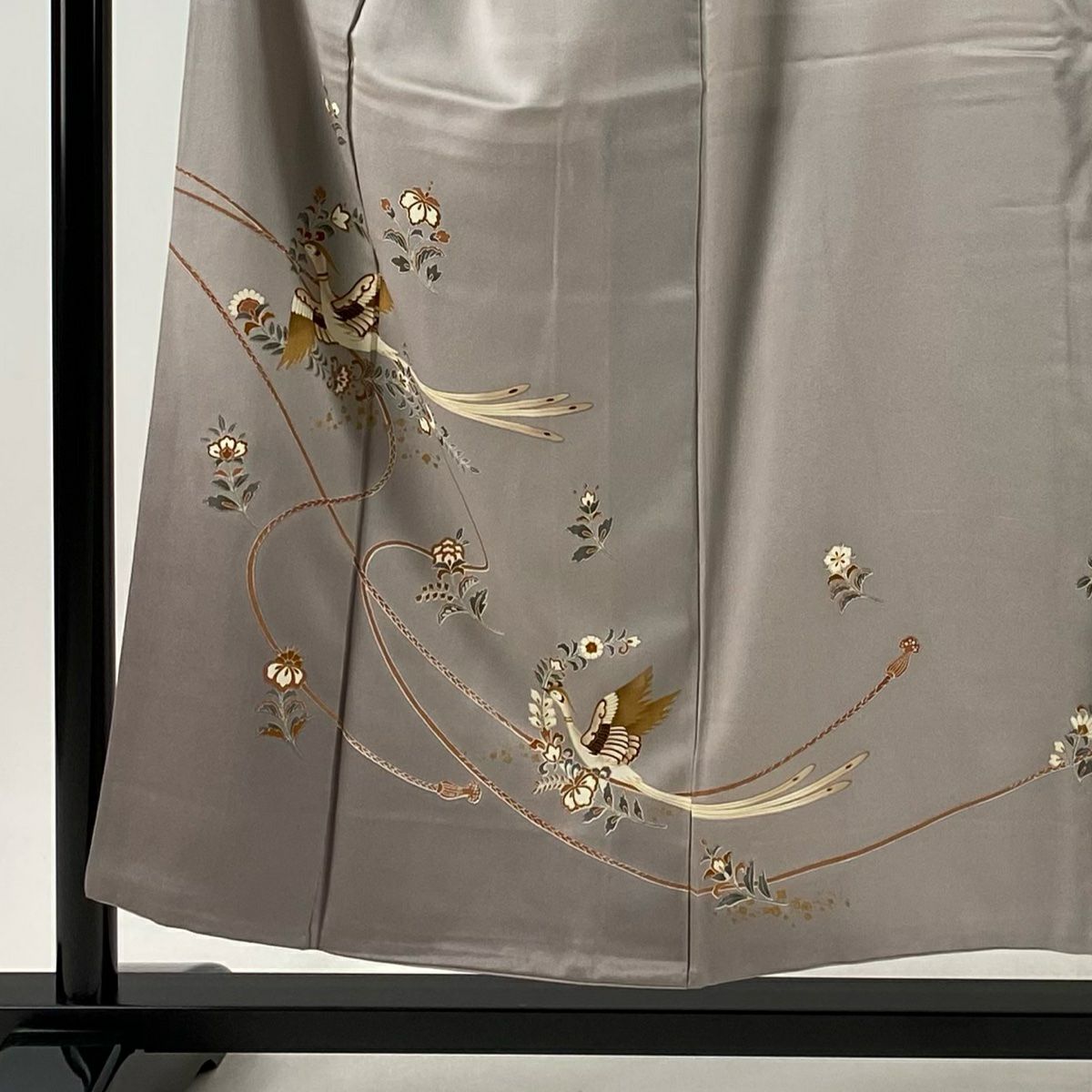 【庫存清倉】訪問服 身長153cm 袖長65cm M 雙層 尾長鳥 草花紋 金彩裝飾 灰紫 純蠶絲 優品級 一個紋