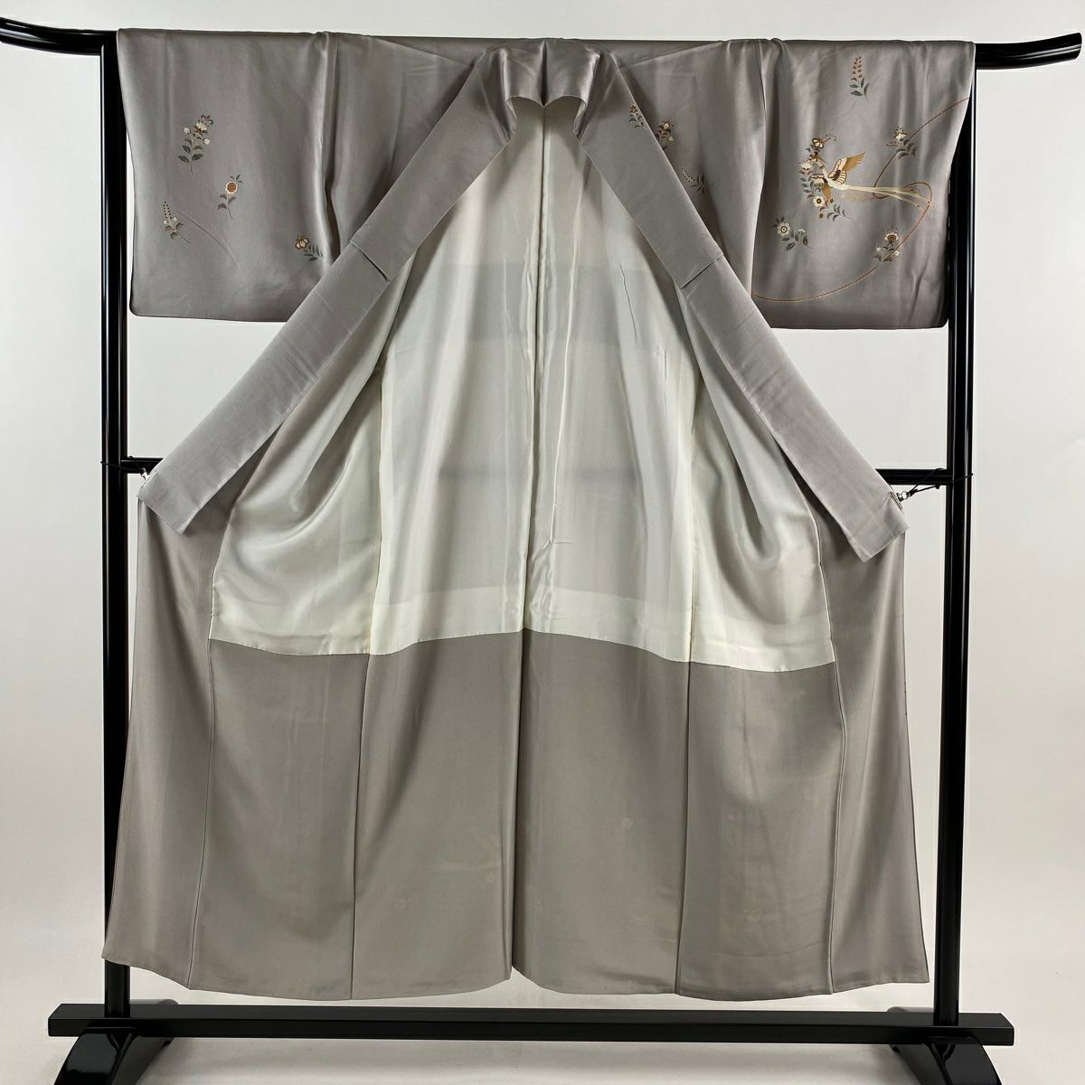 【庫存清倉】訪問服 身長153cm 袖長65cm M 雙層 尾長鳥 草花紋 金彩裝飾 灰紫 純蠶絲 優品級 一個紋