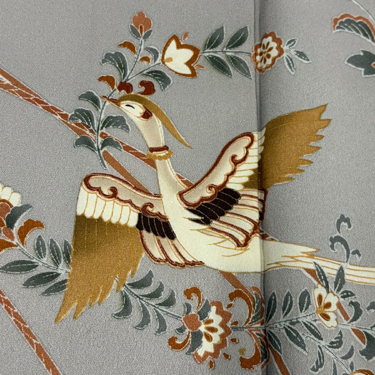 【庫存清倉】訪問服 身長153cm 袖長65cm M 雙層 尾長鳥 草花紋 金彩裝飾 灰紫 純蠶絲 優品級 一個紋