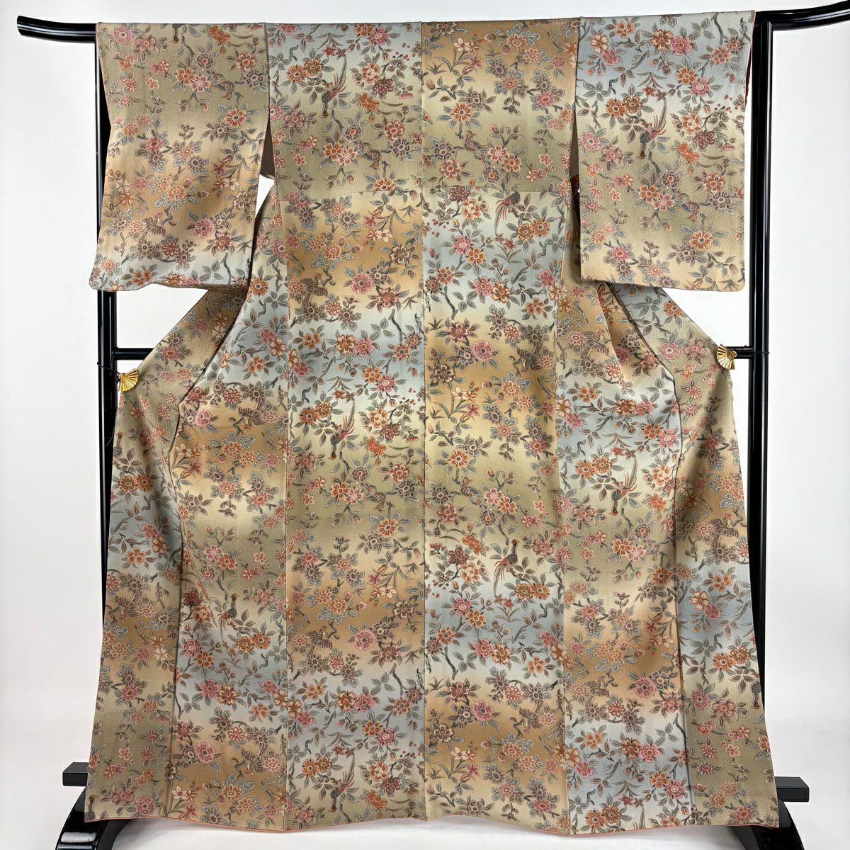 【庫存清倉】 小紋 身長166.5cm 袖長64.5cm M 雙層 草花紋 鳥 漸層 淺茶 純蠶絲 美品 優品級