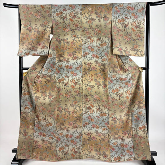 【庫存清倉】 小紋 身長166.5cm 袖長64.5cm M 雙層 草花紋 鳥 漸層 淺茶 純蠶絲 美品 優品級