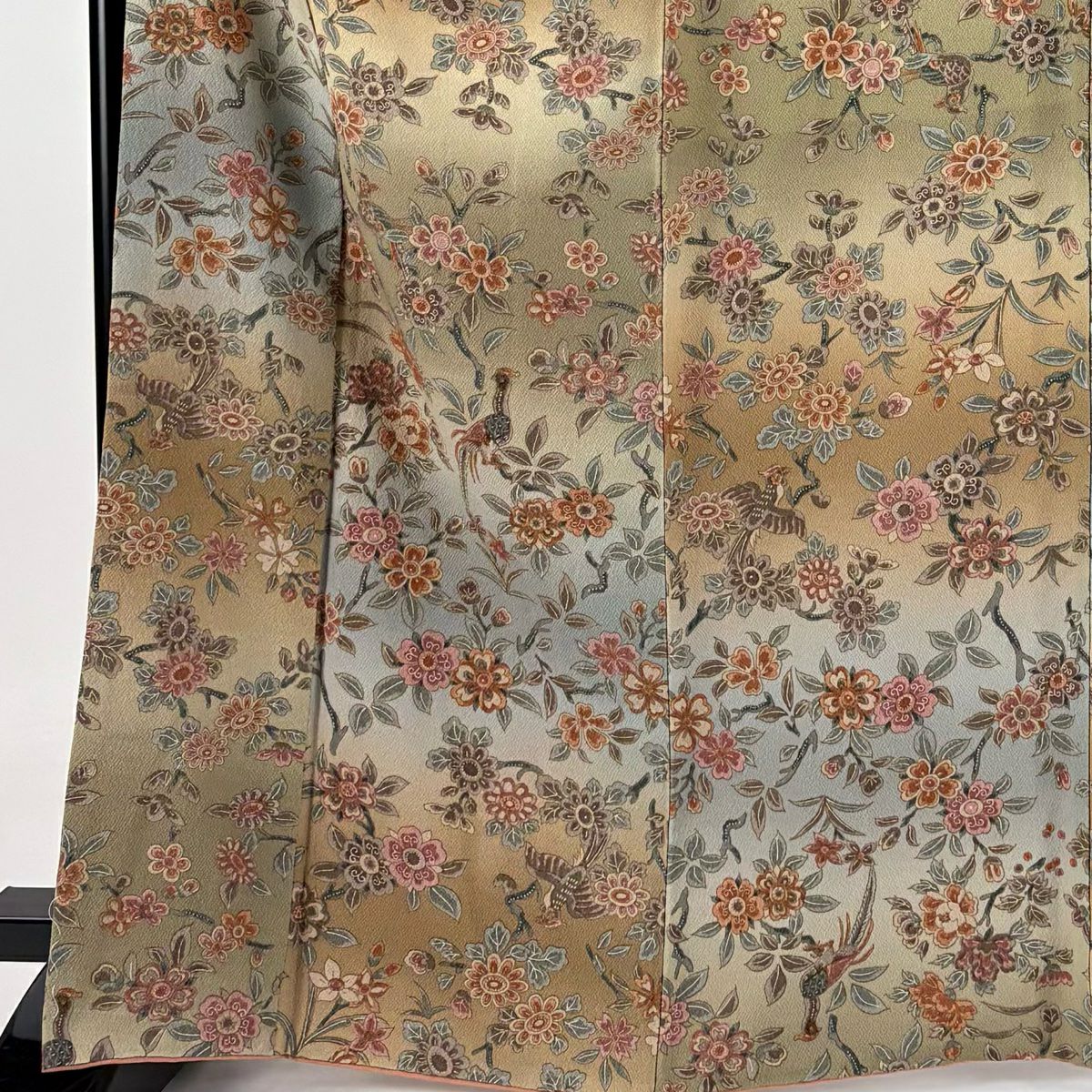 【庫存清倉】 小紋 身長166.5cm 袖長64.5cm M 雙層 草花紋 鳥 漸層 淺茶 純蠶絲 美品 優品級