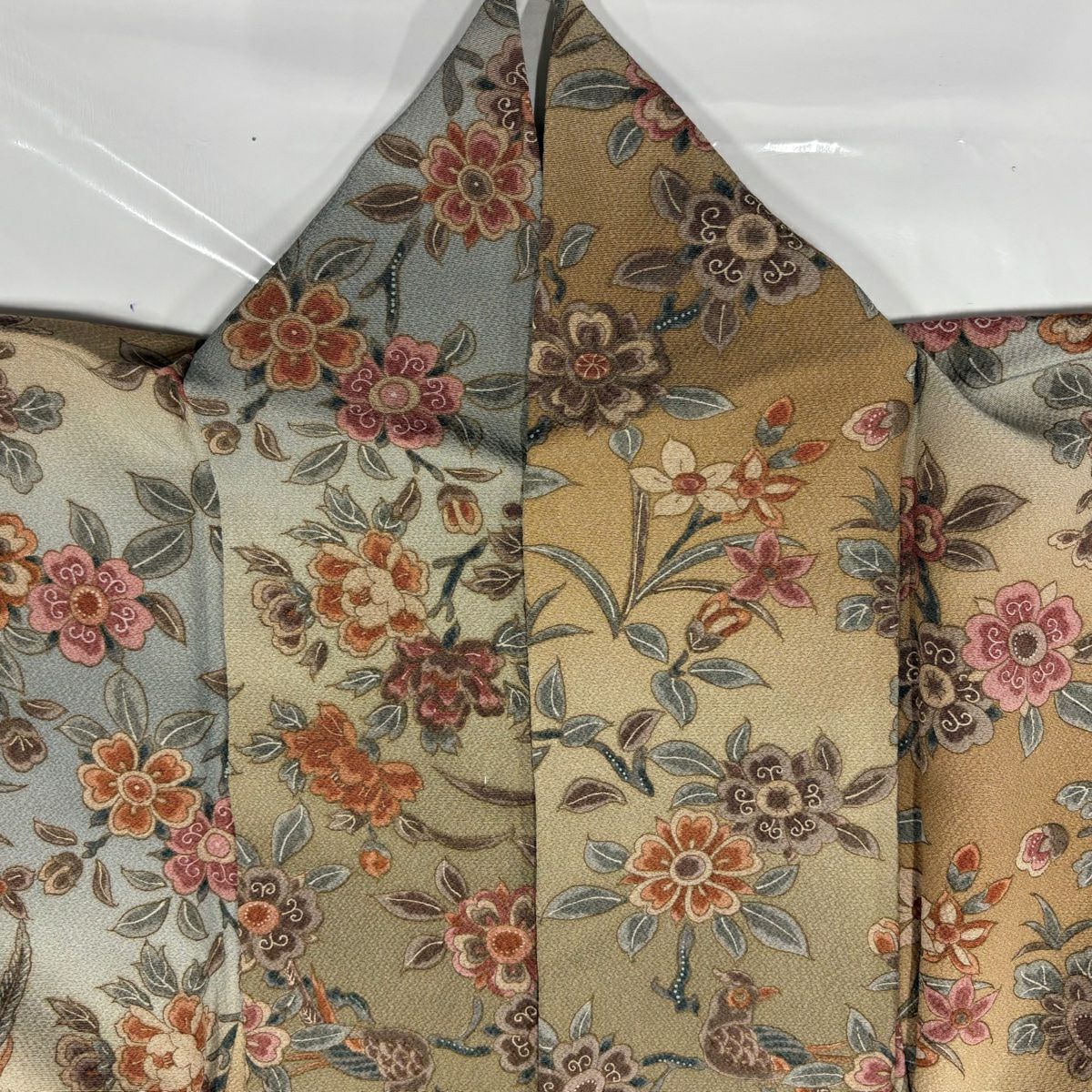【庫存清倉】 小紋 身長166.5cm 袖長64.5cm M 雙層 草花紋 鳥 漸層 淺茶 純蠶絲 美品 優品級
