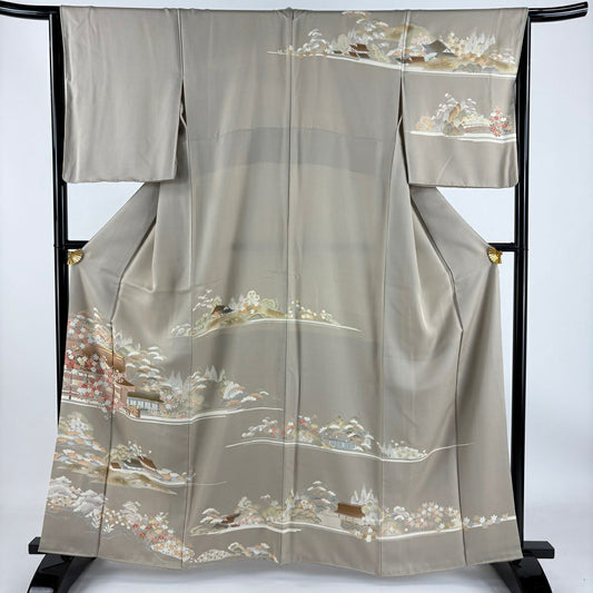 【庫存清倉】訪問服 身長162cm 袖長64cm M 雙層 建築 櫻花 金絲 金銀彩 米色 純蠶絲 優品級