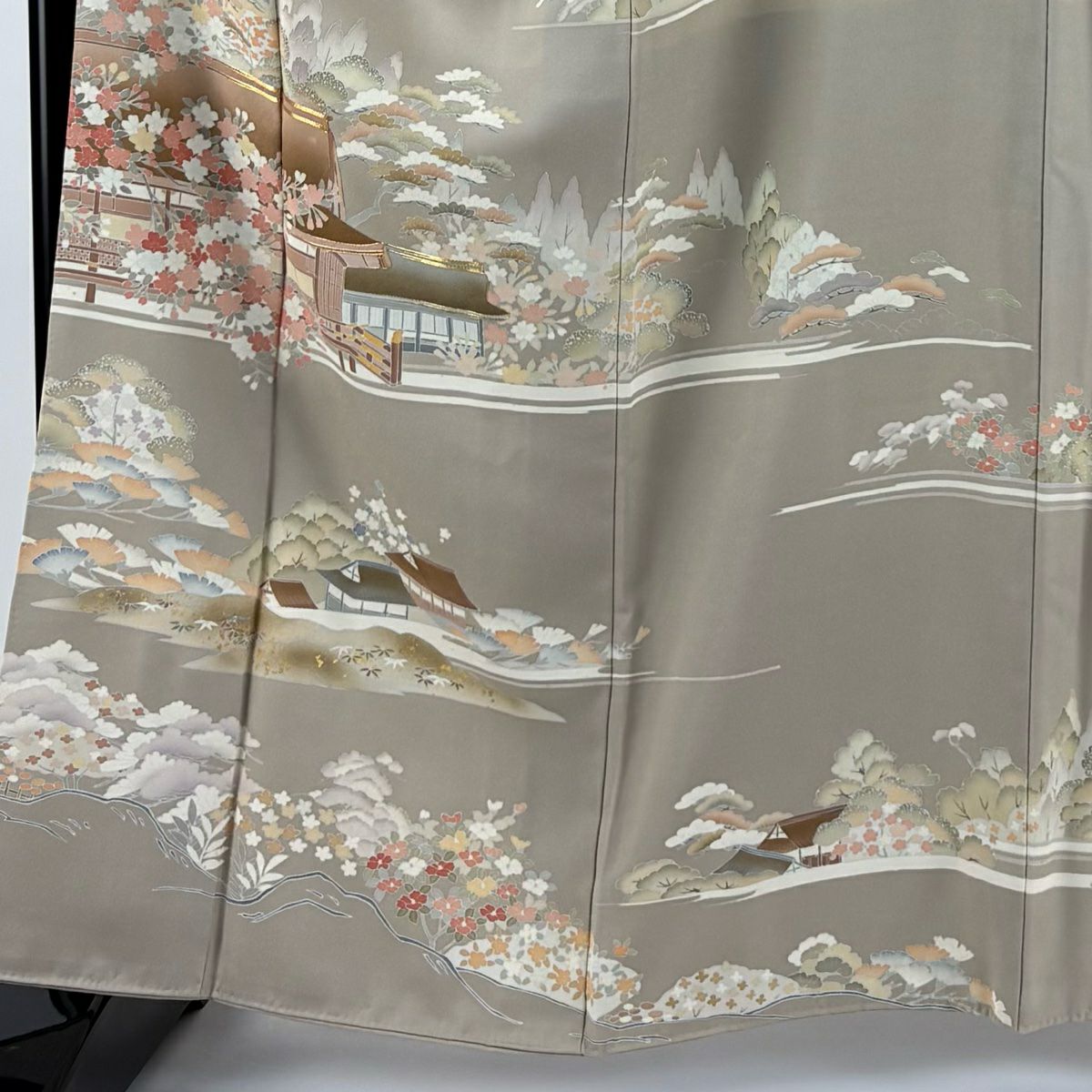 【庫存清倉】訪問服 身長162cm 袖長64cm M 雙層 建築 櫻花 金絲 金銀彩 米色 純蠶絲 優品級