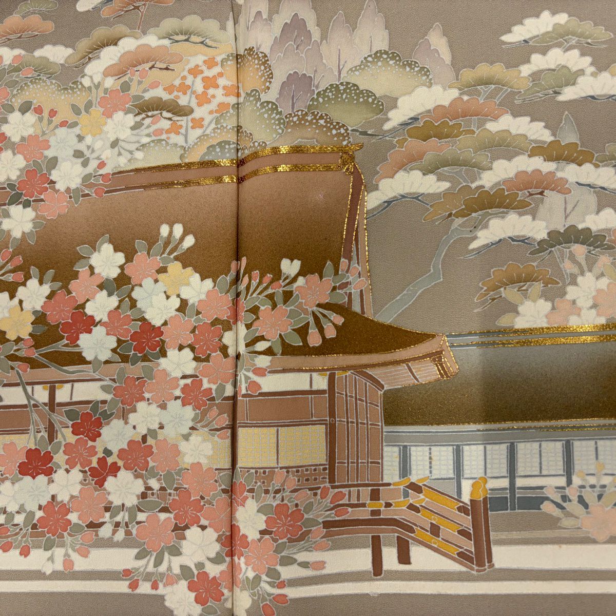 【庫存清倉】訪問服 身長162cm 袖長64cm M 雙層 建築 櫻花 金絲 金銀彩 米色 純蠶絲 優品級