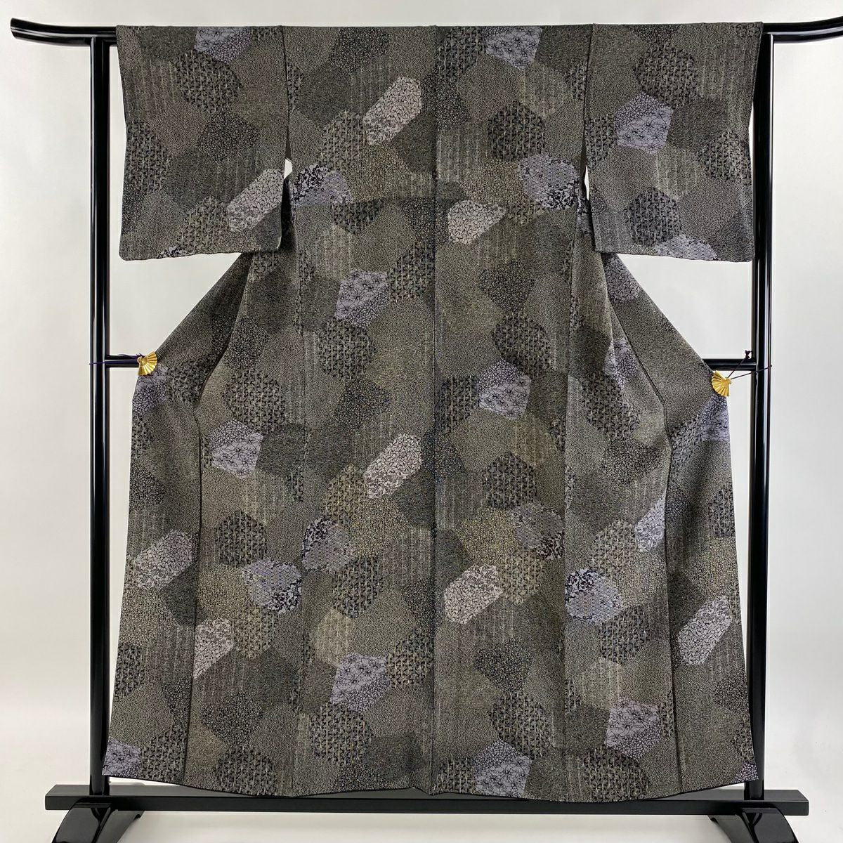 【庫存清倉】 小紋 身長155.5cm 袖長62.5cm S 雙層 草花紋 寄花紋 黑灰 純蠶絲 美品 秀品級