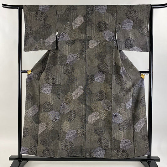 【庫存清倉】 小紋 身長155.5cm 袖長62.5cm S 雙層 草花紋 寄花紋 黑灰 純蠶絲 美品 秀品級
