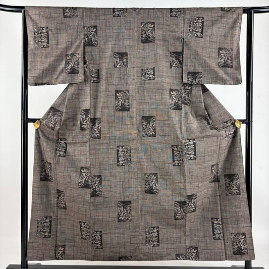 【庫存清倉】 紬織 身長155cm 袖長63cm S 雙層 色紙 建物 焦茶 純蠶絲 美品 秀品級