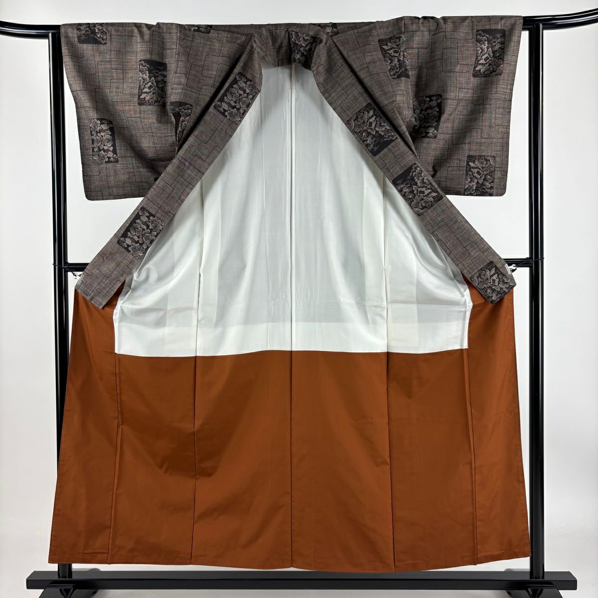 【庫存清倉】 紬織 身長155cm 袖長63cm S 雙層 色紙 建物 焦茶 純蠶絲 美品 秀品級