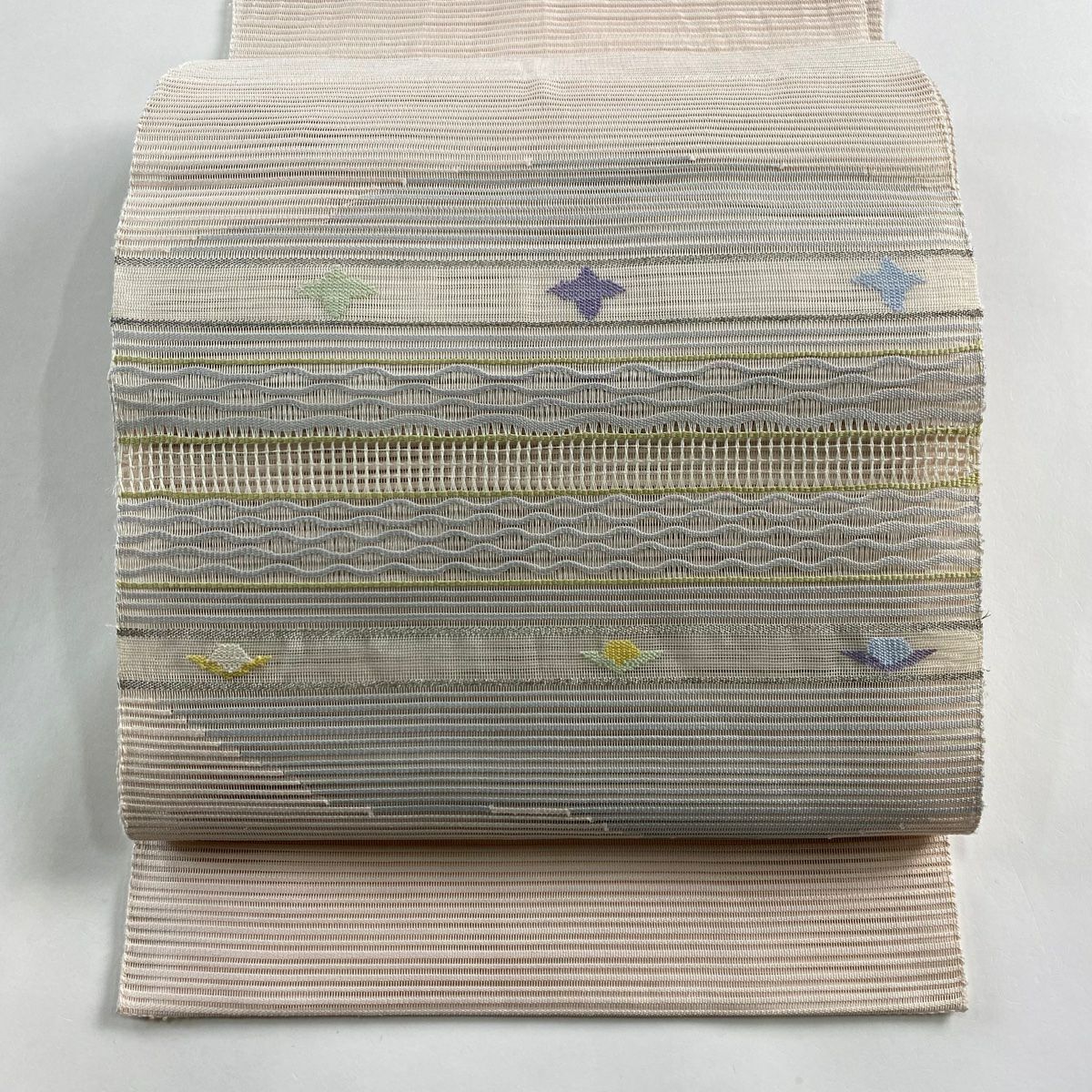 【清倉特賣】 名古屋帶 優品級 八寸名古屋帶 松樹葉仕立 夏帶 草花紋紋 斜條紋 銀線 淺粉色 純蠶絲