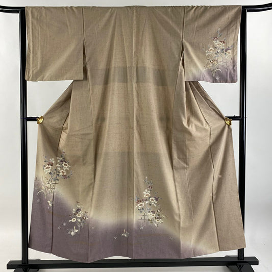 【庫存清倉】 付下 身長153cm 袖長62.5cm S 雙層 紬織織 落款あり 椿 草花紋紋 金銀彩 漸層 薄茶 純蠶絲 美品 秀品級
