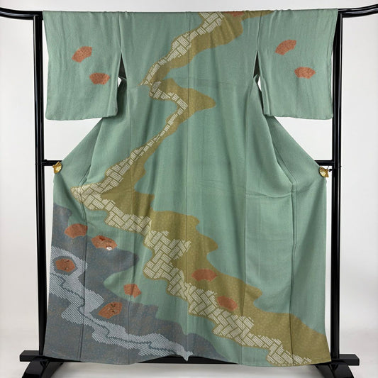 【庫存清倉】訪問服 身長158.5cm 袖長65cm M 雙層 扇子面 霞 金彩裝飾 絞染 淺綠 純蠶絲 優品級