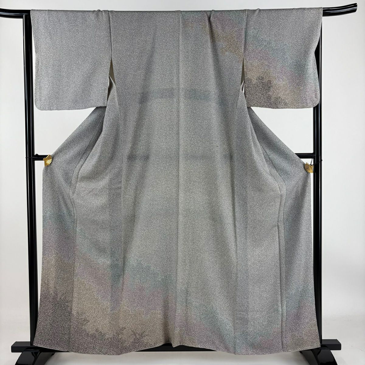 【庫存清倉】訪問服 身長158.5cm 袖長66.5cm M 雙層 草花紋紋 輪廓 青灰色 純蠶絲 優品級