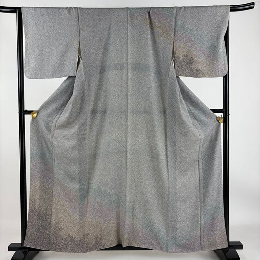 【庫存清倉】訪問服 身長158.5cm 袖長66.5cm M 雙層 草花紋紋 輪廓 青灰色 純蠶絲 優品級