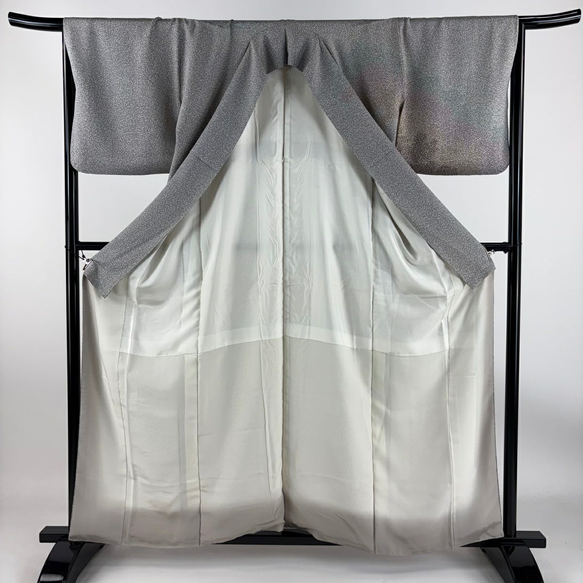 【庫存清倉】訪問服 身長158.5cm 袖長66.5cm M 雙層 草花紋紋 輪廓 青灰色 純蠶絲 優品級