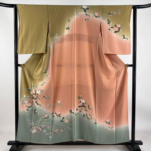 【庫存清倉】訪問服 身長155.5cm 袖長62.5cm S 雙層 落款有 枝花 花籠 染分 逐漸變化 山吹茶 純蠶絲 優品級