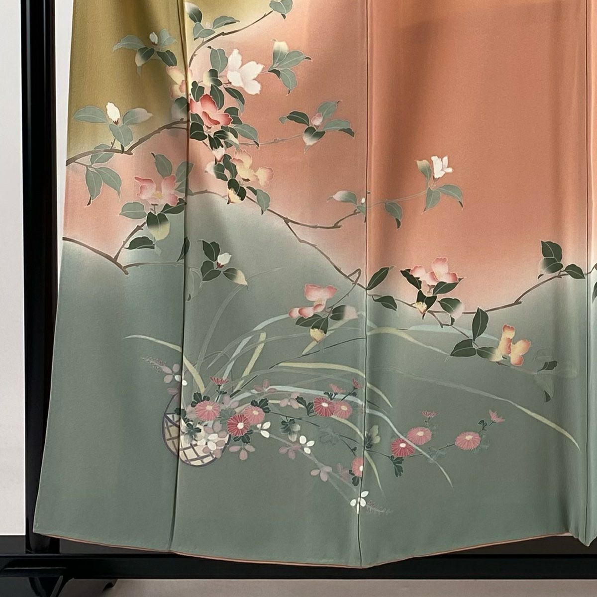 【庫存清倉】訪問服 身長155.5cm 袖長62.5cm S 雙層 落款有 枝花 花籠 染分 逐漸變化 山吹茶 純蠶絲 優品級