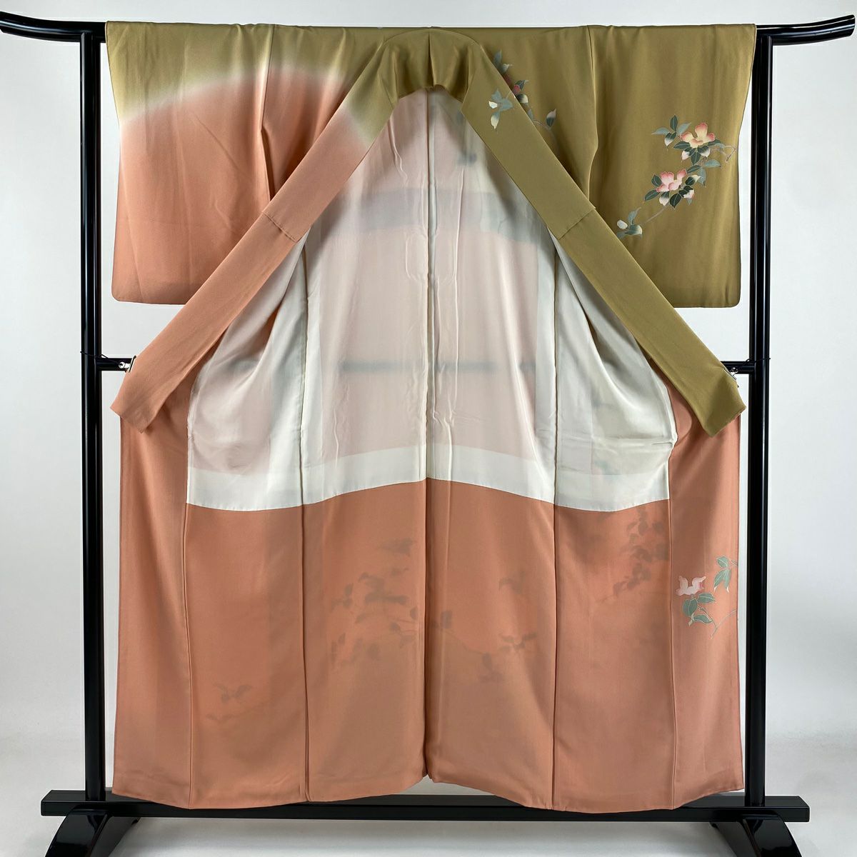 【庫存清倉】訪問服 身長155.5cm 袖長62.5cm S 雙層 落款有 枝花 花籠 染分 逐漸變化 山吹茶 純蠶絲 優品級