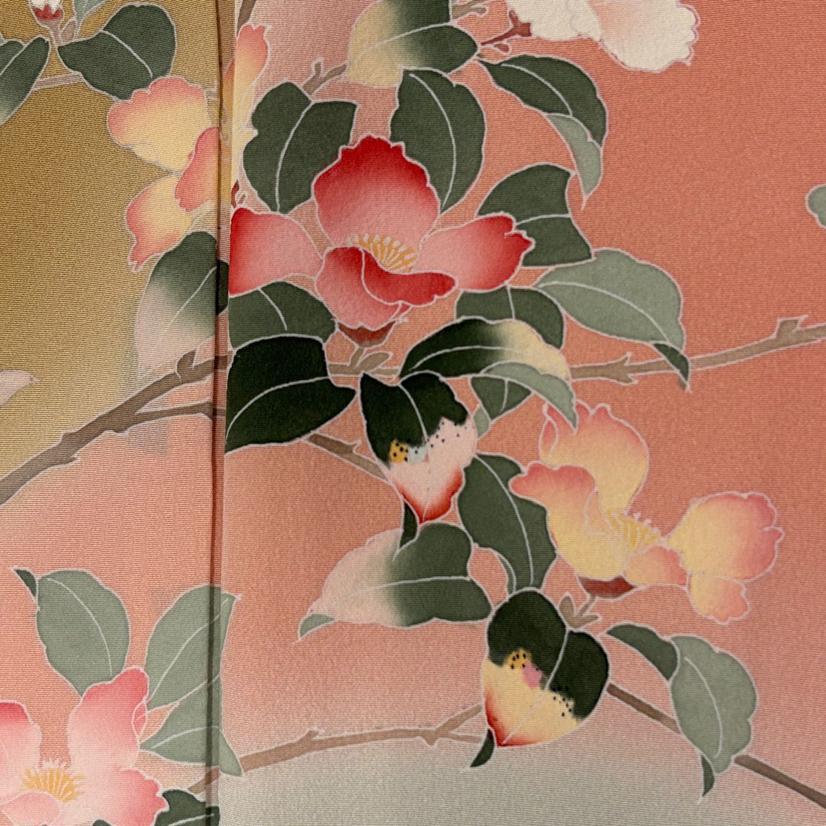 【庫存清倉】訪問服 身長155.5cm 袖長62.5cm S 雙層 落款有 枝花 花籠 染分 逐漸變化 山吹茶 純蠶絲 優品級