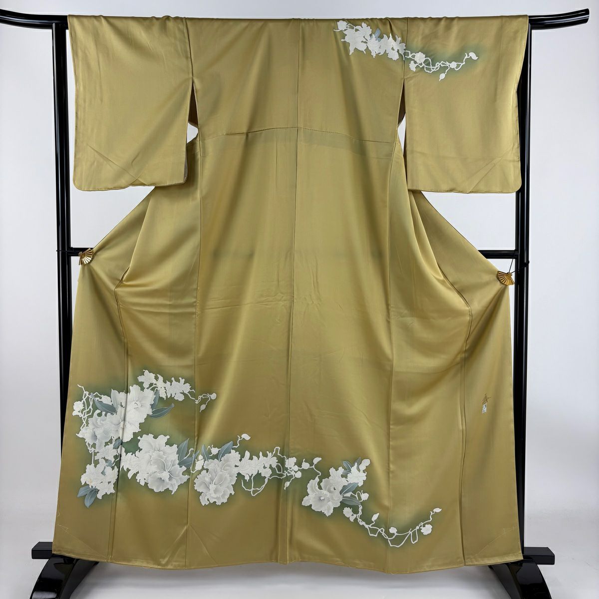 【庫存清倉】訪問服 身長162cm 袖長65.5cm M 雙層 落款 草花紋紋 漸層 芥末色 純蠶絲 優品級