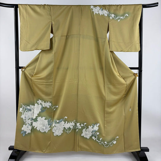【庫存清倉】訪問服 身長162cm 袖長65.5cm M 雙層 落款 草花紋紋 漸層 芥末色 純蠶絲 優品級