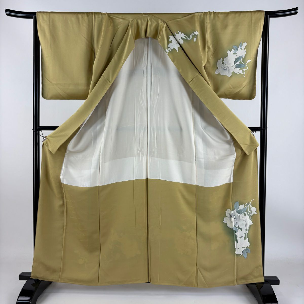 【庫存清倉】訪問服 身長162cm 袖長65.5cm M 雙層 落款 草花紋紋 漸層 芥末色 純蠶絲 優品級