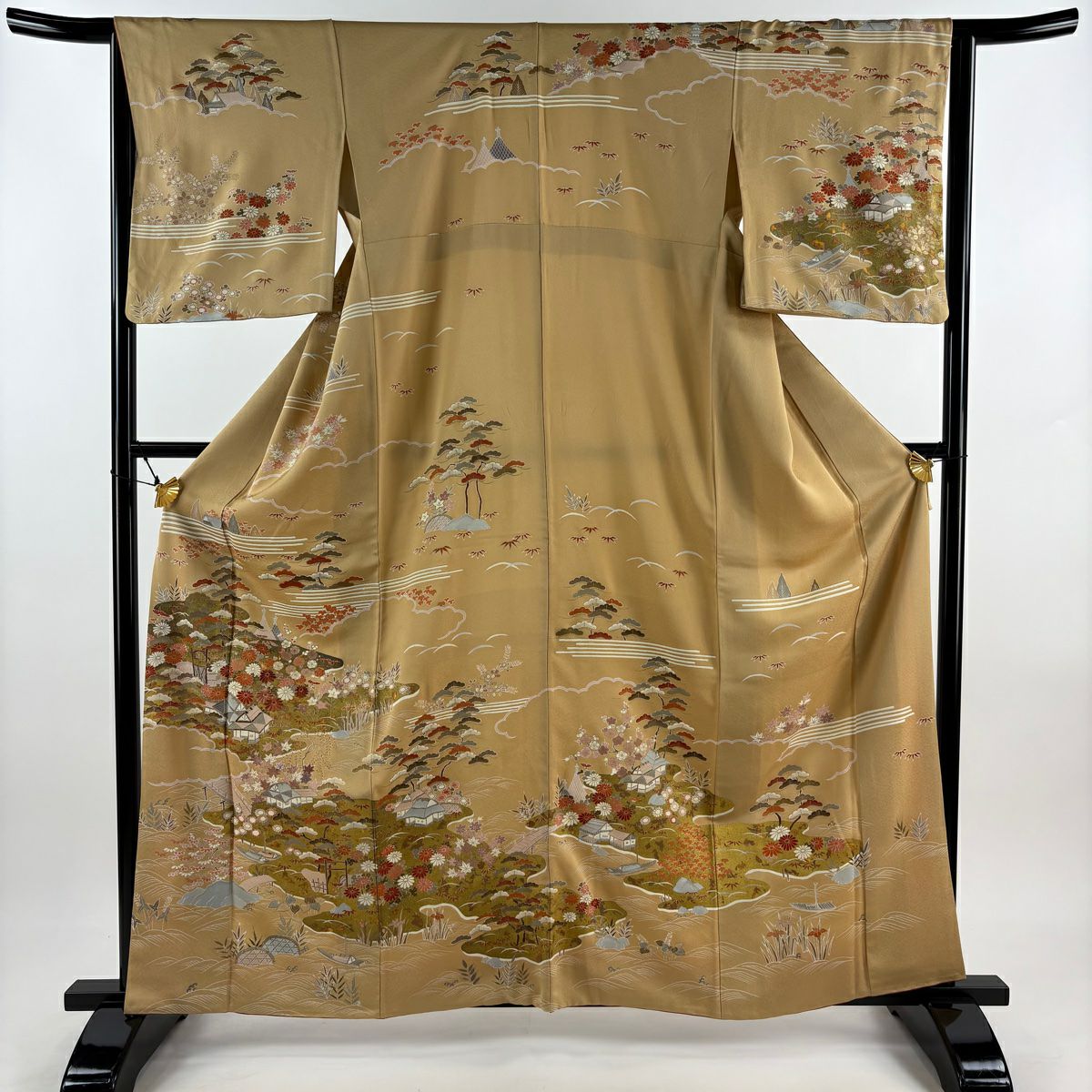 【清倉特賣】訪問服 身長162cm 袖長63.5cm S 雙層 松樹竹子梅花 建物 金銀彩 刺繡 米色 純蠶絲 優品級