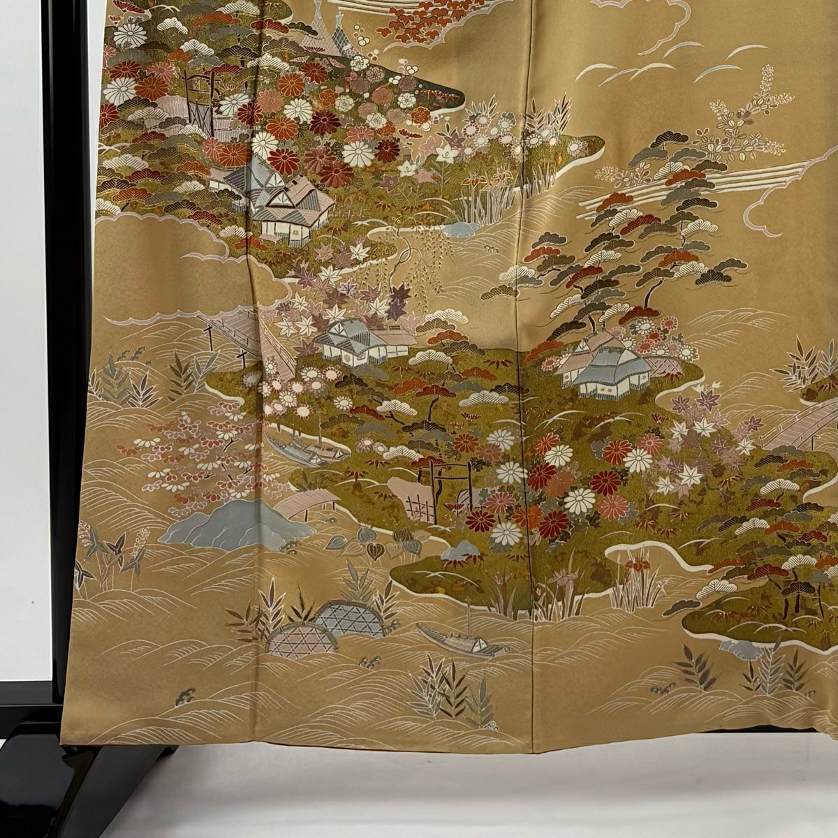 【清倉特賣】訪問服 身長162cm 袖長63.5cm S 雙層 松樹竹子梅花 建物 金銀彩 刺繡 米色 純蠶絲 優品級