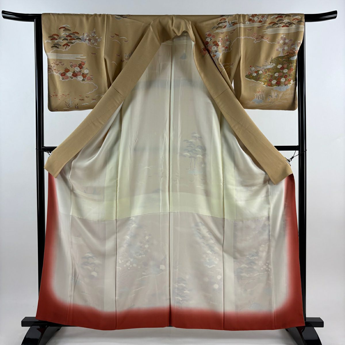 【清倉特賣】訪問服 身長162cm 袖長63.5cm S 雙層 松樹竹子梅花 建物 金銀彩 刺繡 米色 純蠶絲 優品級