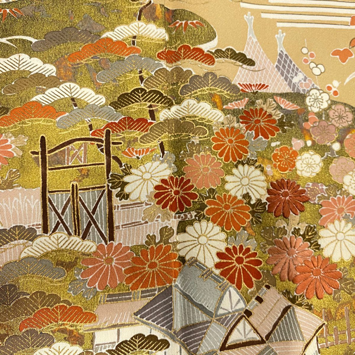 【清倉特賣】訪問服 身長162cm 袖長63.5cm S 雙層 松樹竹子梅花 建物 金銀彩 刺繡 米色 純蠶絲 優品級