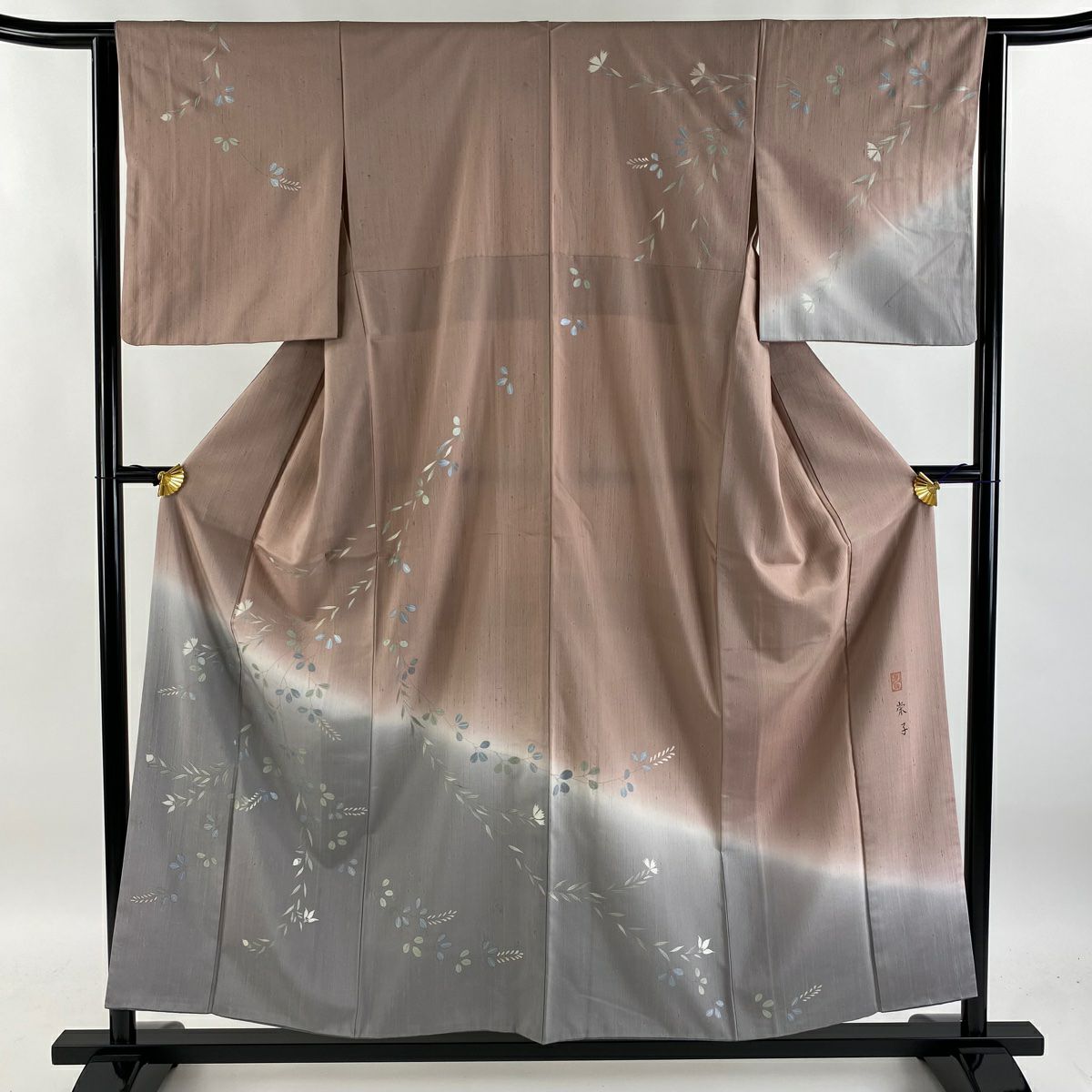 【庫存清倉】訪問服 身長155.5cm 袖長63cm S 雙層 紬織織 落款有 萩 枝花 金彩裝飾 染分 灰櫻 純蠶絲 優品級