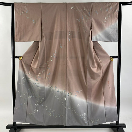 【庫存清倉】訪問服 身長155.5cm 袖長63cm S 雙層 紬織織 落款有 萩 枝花 金彩裝飾 染分 灰櫻 純蠶絲 優品級