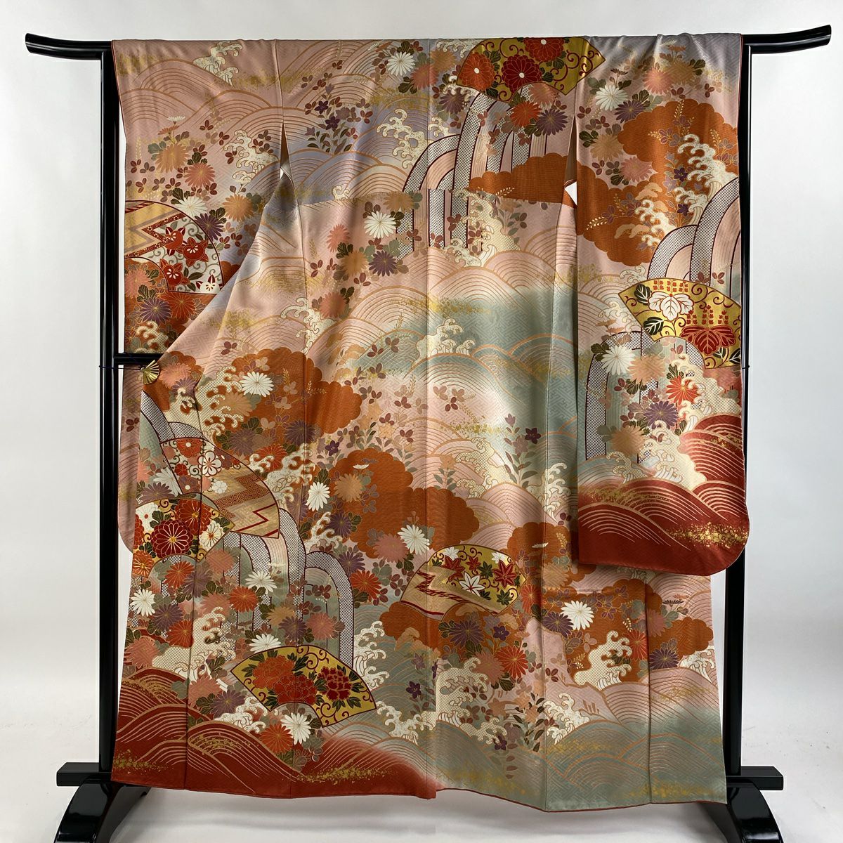 【庫存清倉】振袖禮服 身長161cm 袖長65.5cm M 雙層 鈴乃屋 菊花 雲紋 金絲 金銀彩 淺粉色 純蠶絲 名品級