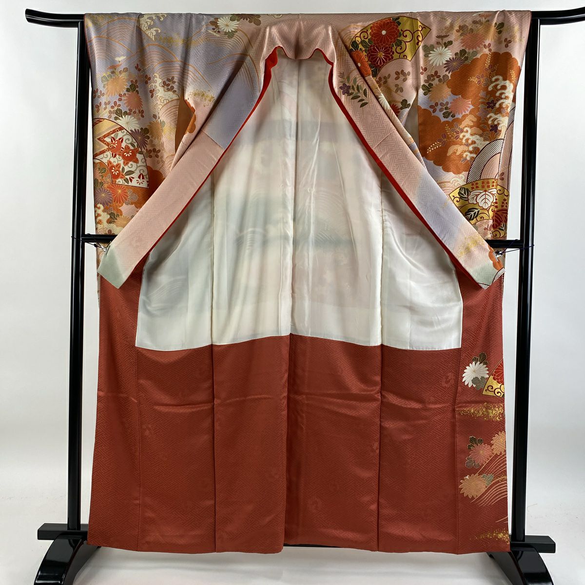 【庫存清倉】振袖禮服 身長161cm 袖長65.5cm M 雙層 鈴乃屋 菊花 雲紋 金絲 金銀彩 淺粉色 純蠶絲 名品級