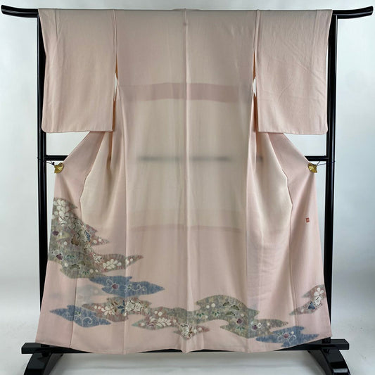 【庫存清倉】 付下 身長158cm 袖長65cm M 雙層 滝泰 有落款 辻花染 松樹竹子梅花 絞織 淺粉色 純蠶絲 名品級 一個紋