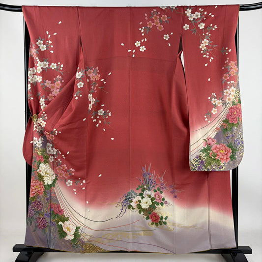 【庫存清倉】振袖禮服 身長158.5cm 袖長67.5cm L 雙層 牡丹 櫻花 金絲 金銀彩 粉紅 純蠶絲 美品 名品級