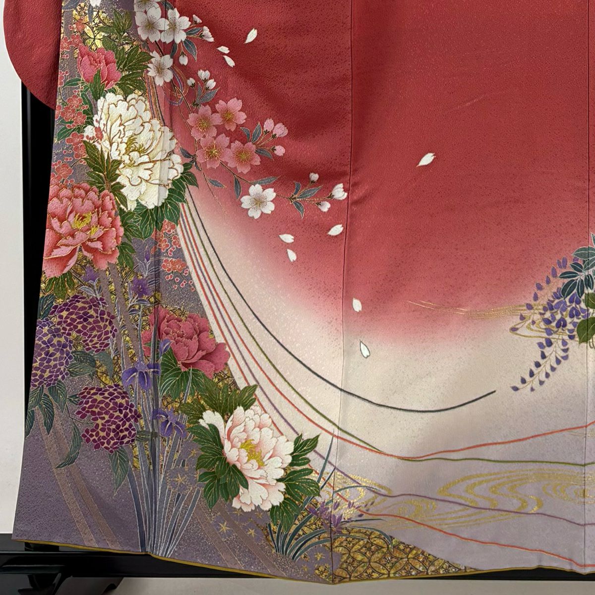【庫存清倉】振袖禮服 身長158.5cm 袖長67.5cm L 雙層 牡丹 櫻花 金絲 金銀彩 粉紅 純蠶絲 美品 名品級