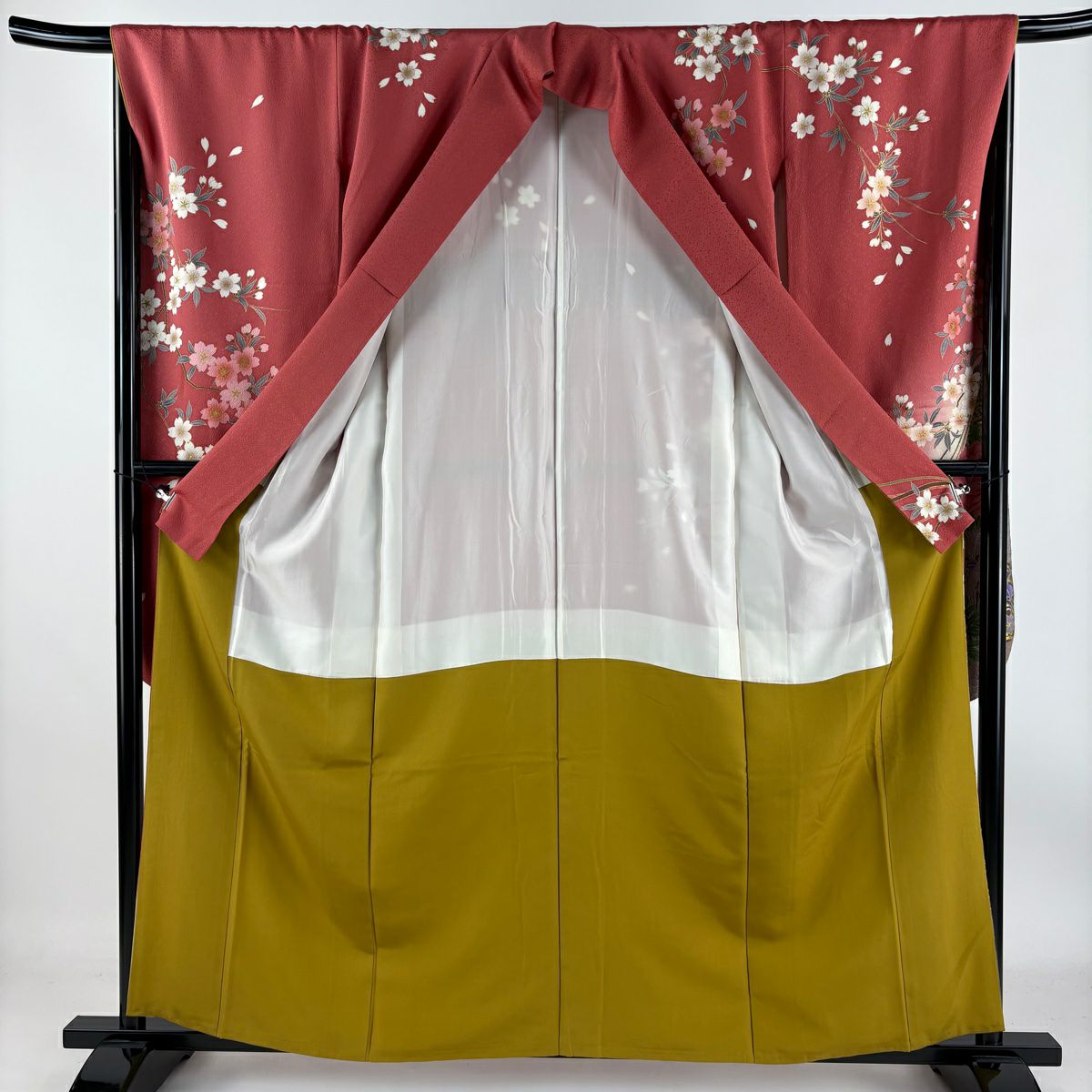 【庫存清倉】振袖禮服 身長158.5cm 袖長67.5cm L 雙層 牡丹 櫻花 金絲 金銀彩 粉紅 純蠶絲 美品 名品級