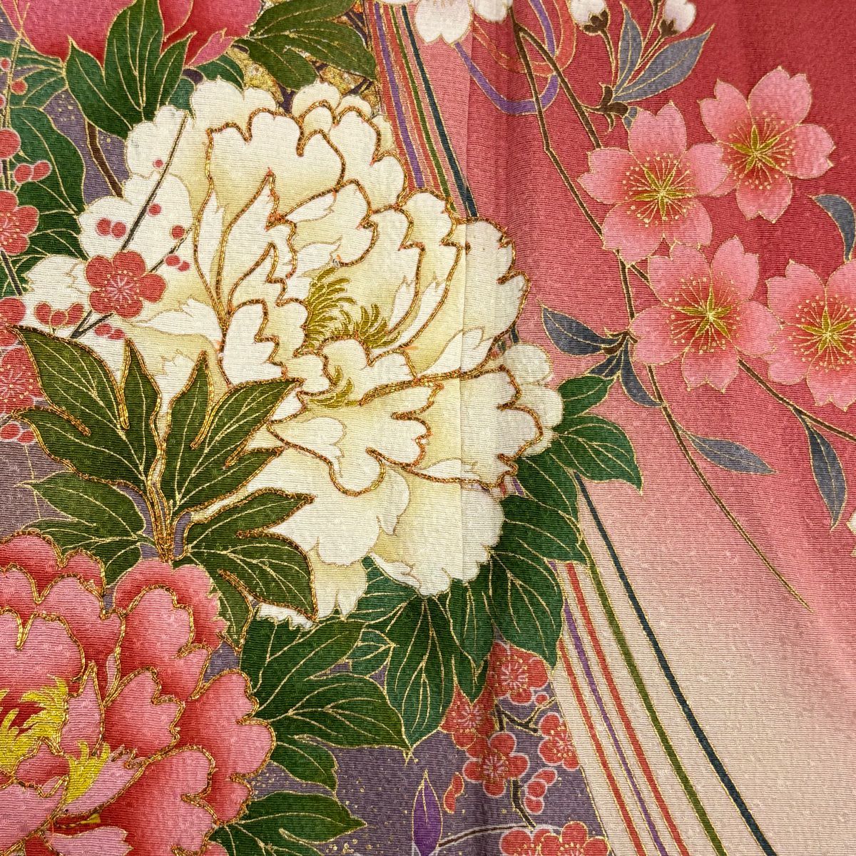 【庫存清倉】振袖禮服 身長158.5cm 袖長67.5cm L 雙層 牡丹 櫻花 金絲 金銀彩 粉紅 純蠶絲 美品 名品級