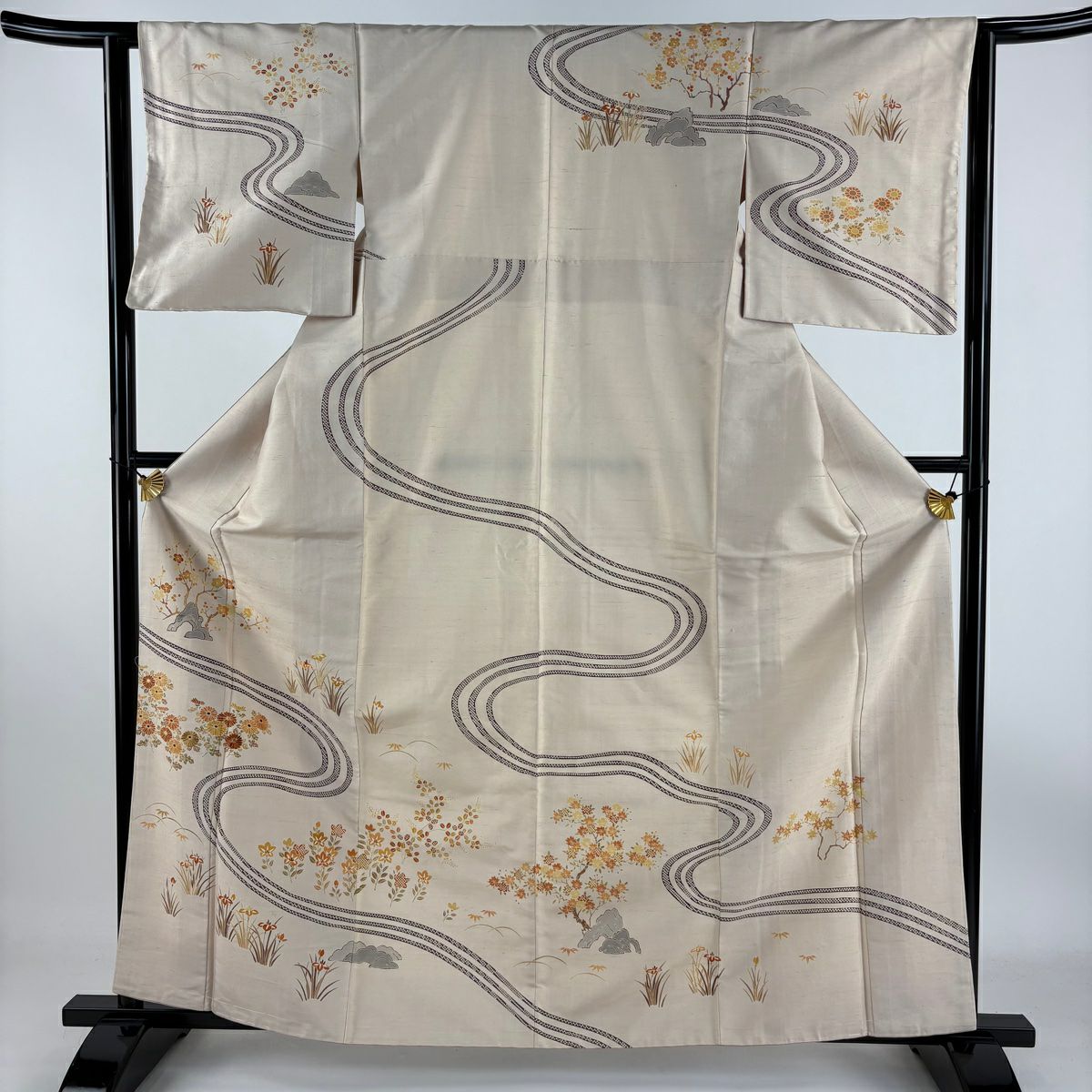 【庫存清倉】訪問服 身長162cm 袖長62cm S 雙層 紬織織 菊花花 流水 金線刺繡 米色 純蠶絲 美品 名品級