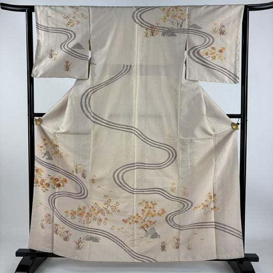【庫存清倉】訪問服 身長162cm 袖長62cm S 雙層 紬織織 菊花花 流水 金線刺繡 米色 純蠶絲 美品 名品級