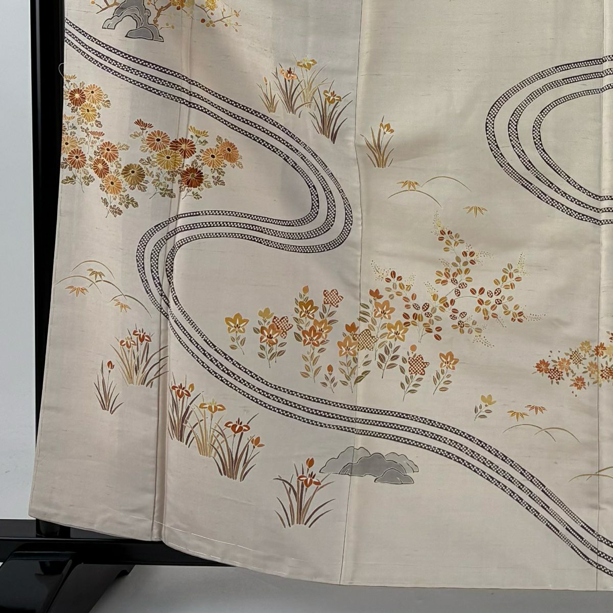 【庫存清倉】訪問服 身長162cm 袖長62cm S 雙層 紬織織 菊花花 流水 金線刺繡 米色 純蠶絲 美品 名品級