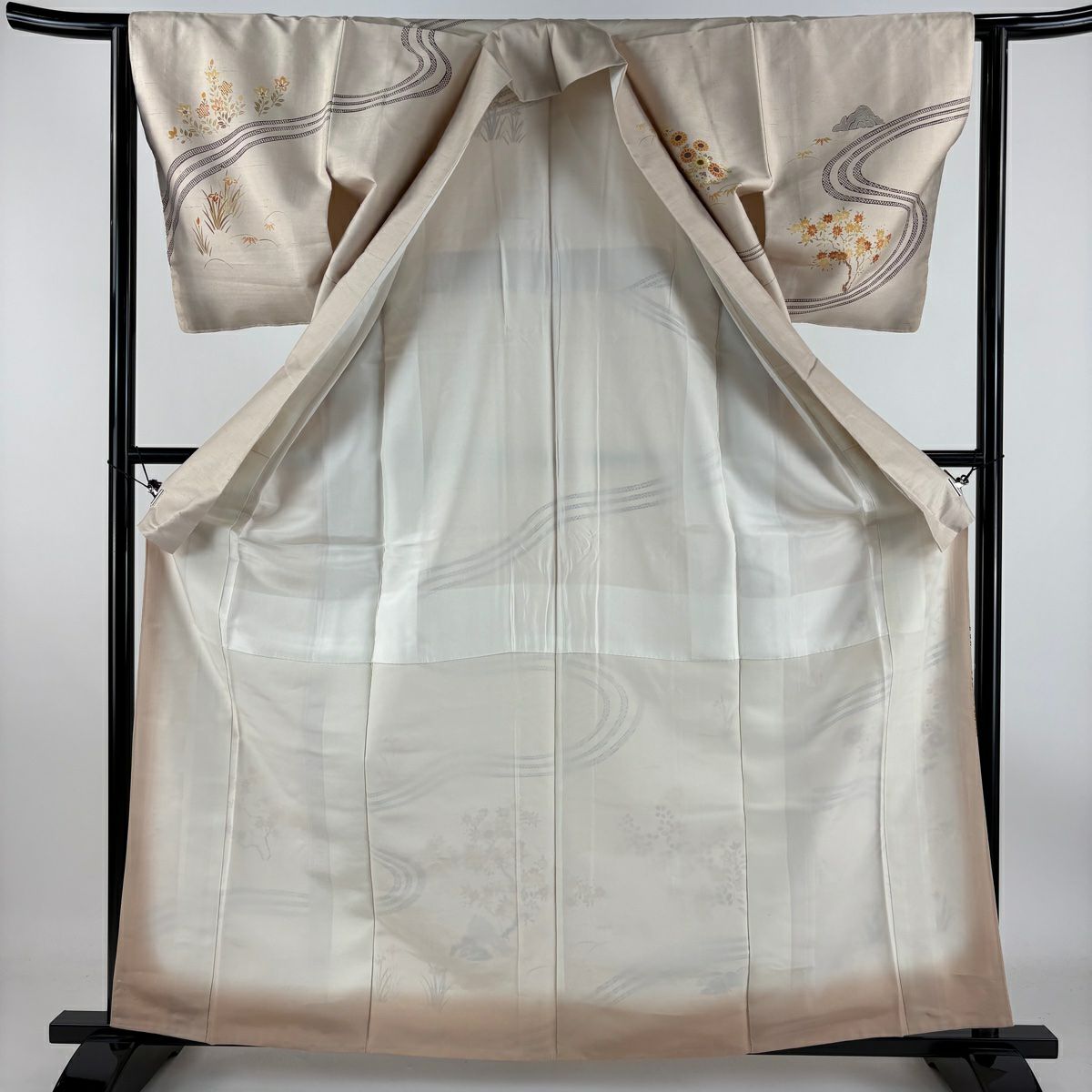 【庫存清倉】訪問服 身長162cm 袖長62cm S 雙層 紬織織 菊花花 流水 金線刺繡 米色 純蠶絲 美品 名品級