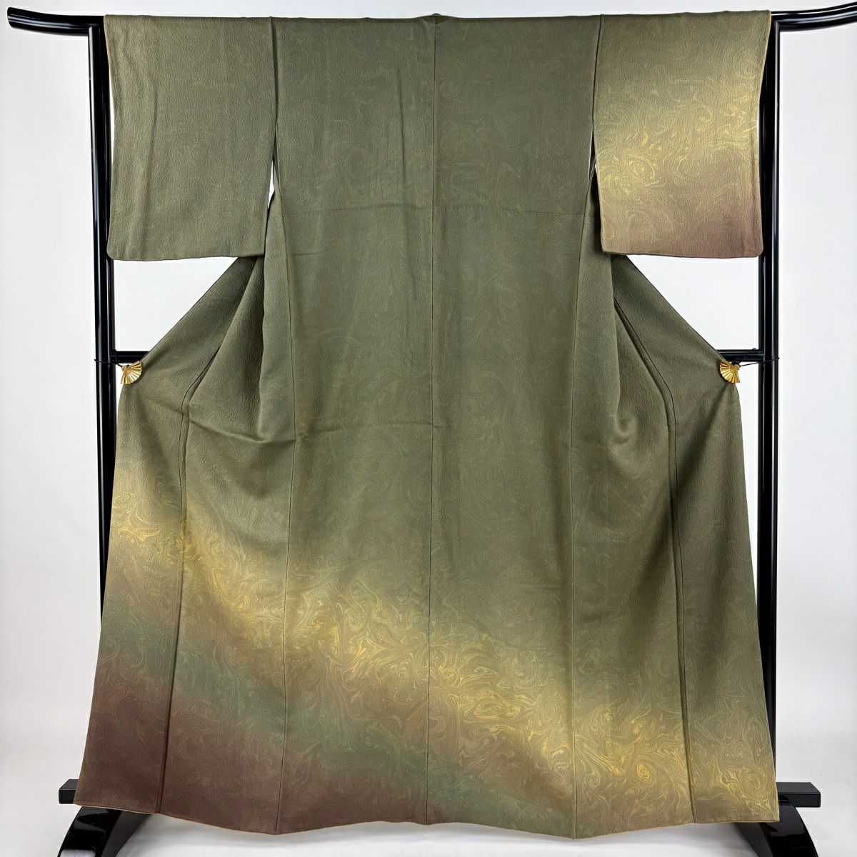【庫存清倉】 付下 身長162cm 袖長64.5cm M 雙層 墨流染 分染 漸層 茶綠 純蠶絲 名品級