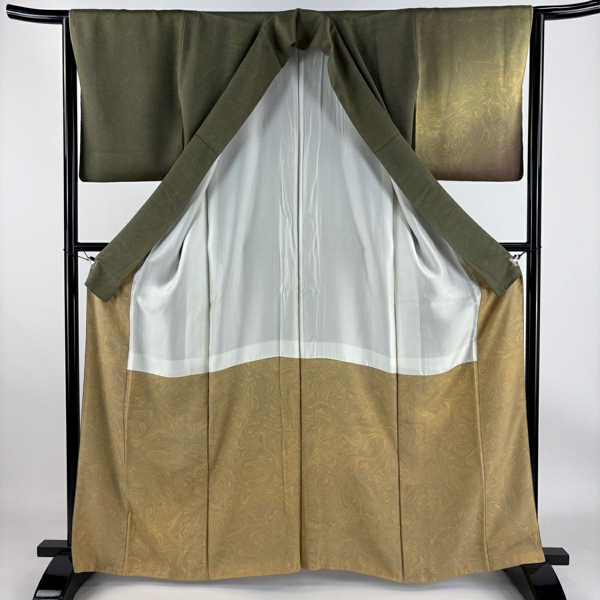 【庫存清倉】 付下 身長162cm 袖長64.5cm M 雙層 墨流染 分染 漸層 茶綠 純蠶絲 名品級