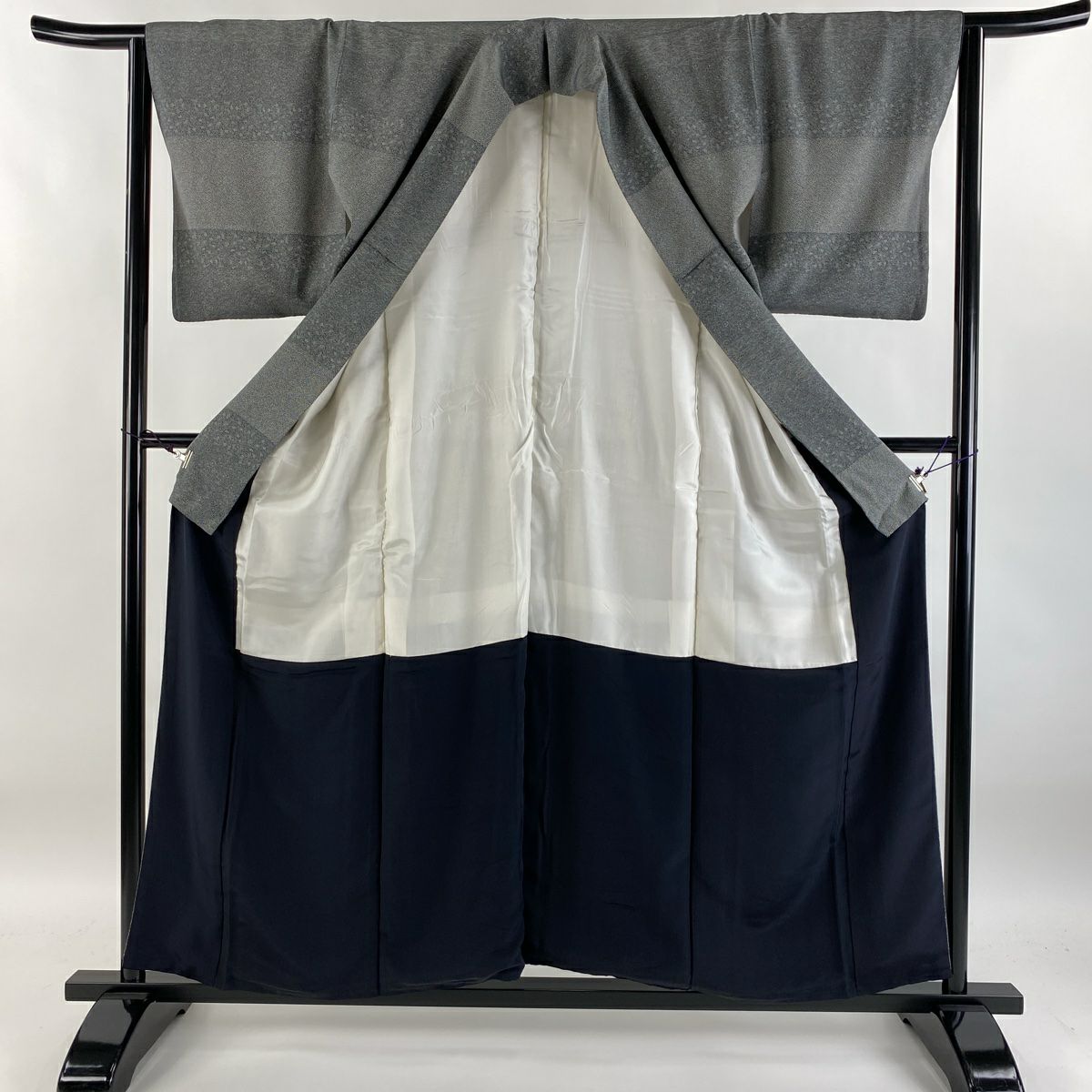 【庫存清倉】訪問服 身長156.5cm 袖長63cm S 雙層 葉與果 草花紋紋 黑灰 純蠶絲 美品 名品級