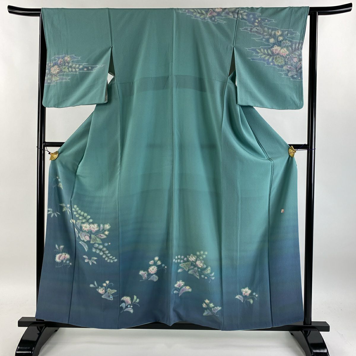 【庫存清倉】 付下 身長160cm 袖長64cm M 雙層 落款有 辻花染圖案 漸層 淺綠 純蠶絲 名品級