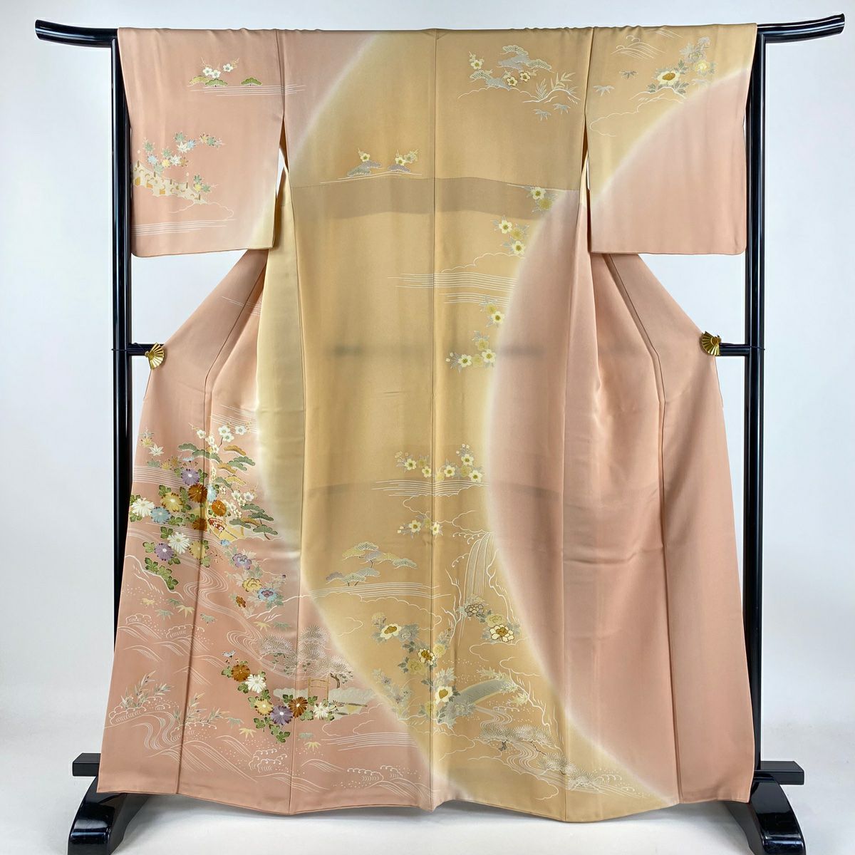 訪問服 身長164cm 袖長65cm M 雙層 千總 落款 菊花 松樹竹子梅花 刺繡 金絲 粉色 純蠶絲 逸品級